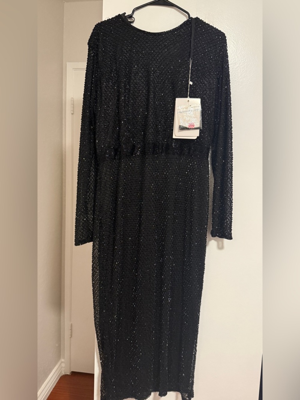 Mac Duggal Black Beaded Long-Sleeve Evening Gown